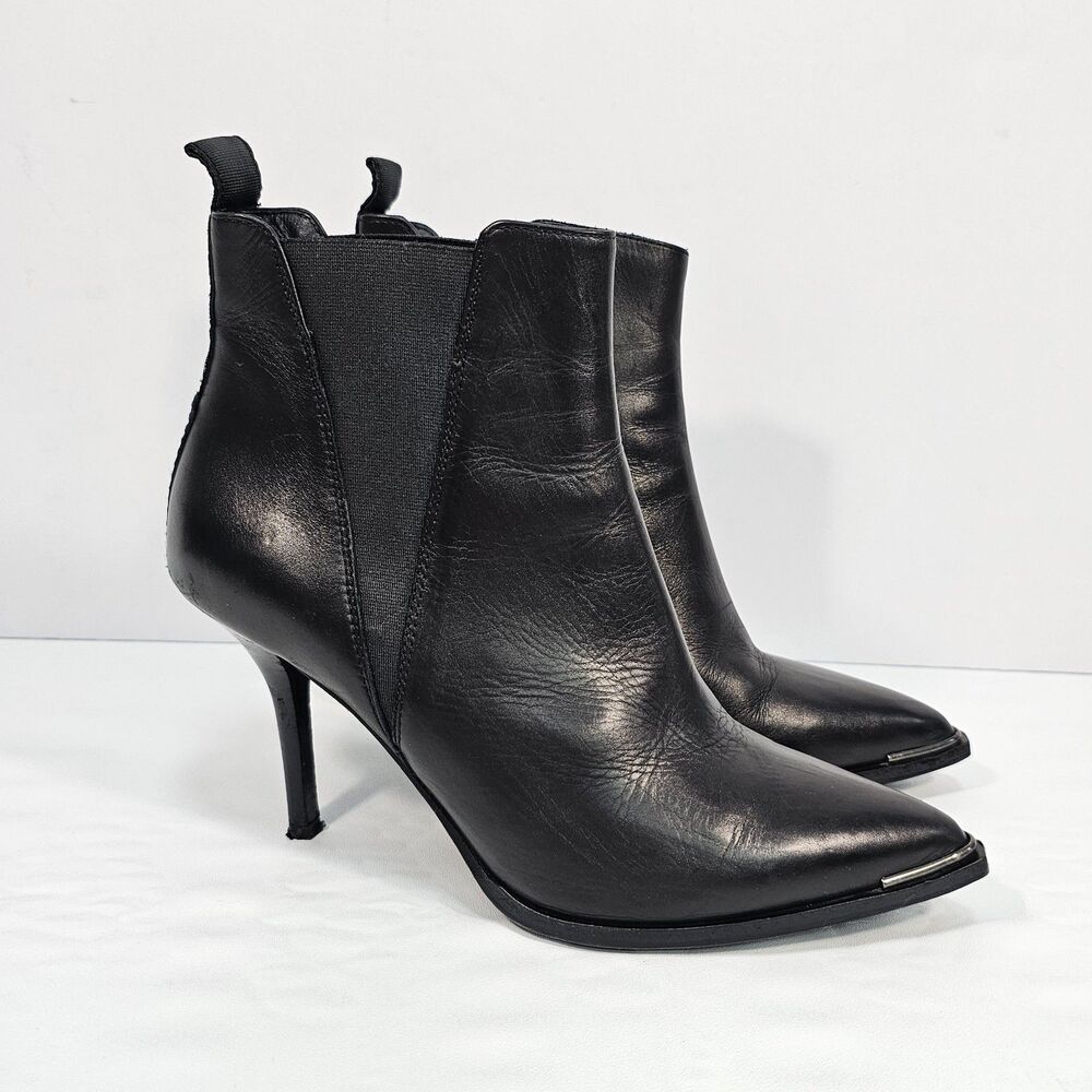 Acne Studios Jemma Black Leather Pointed Metal Tip Stiletto Ankle Boots Size 38